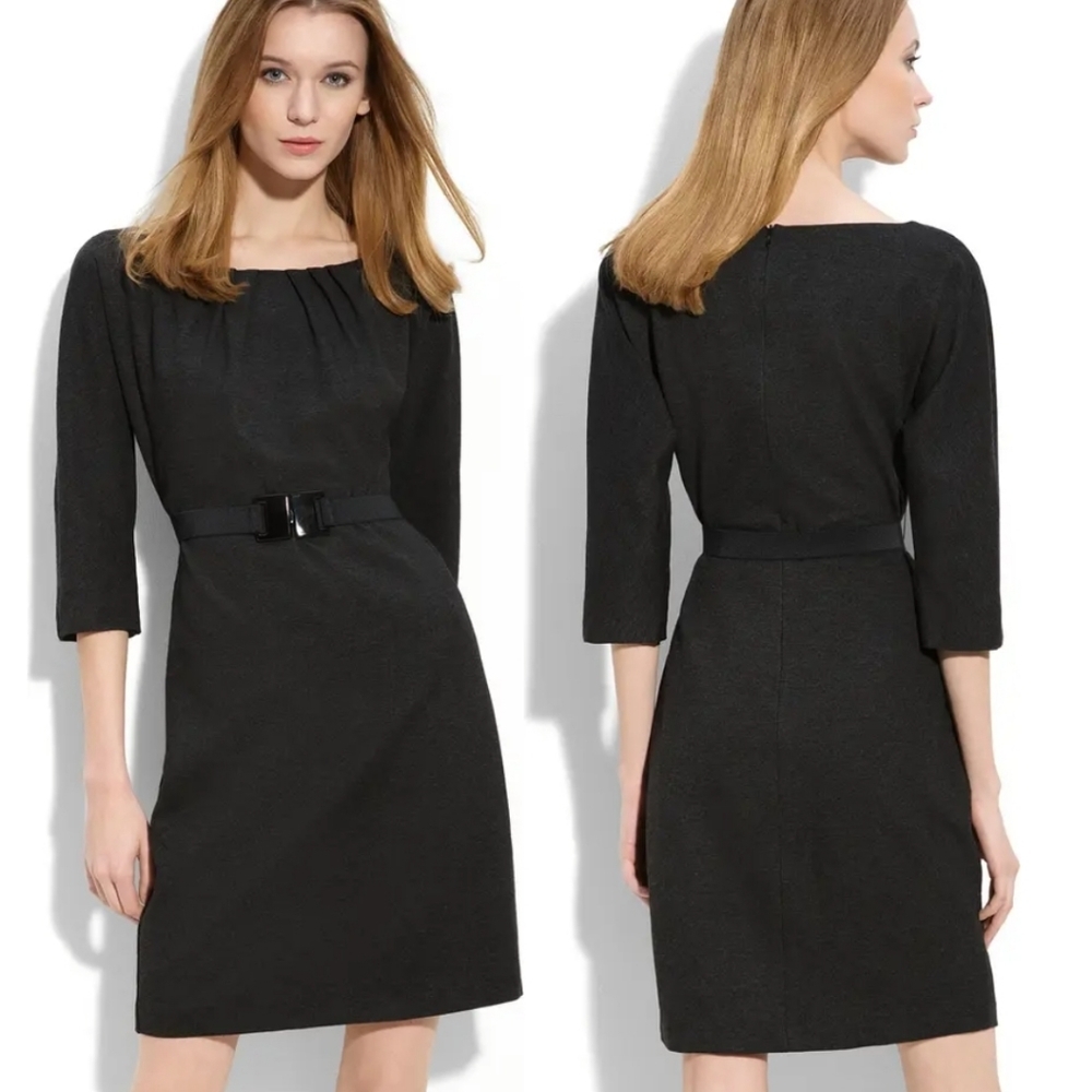 Trina Turk LA Romano Dress Gray Belted Ruched Barbiecore Classic Dark Gray